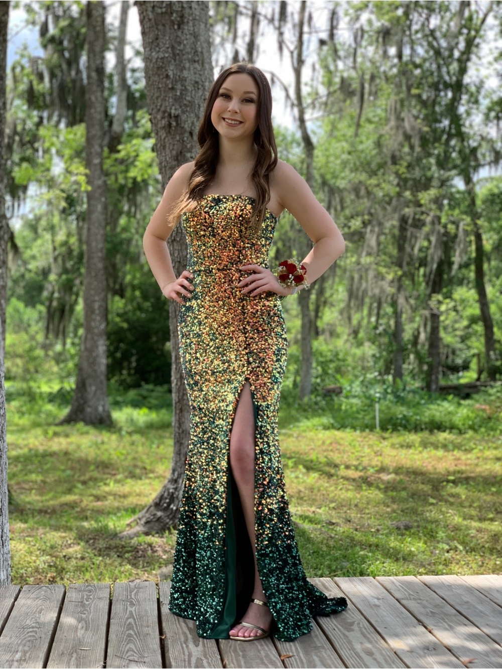 Colors Dress Green and Gold Sequined Lace-Up Strapless Dress size 4.